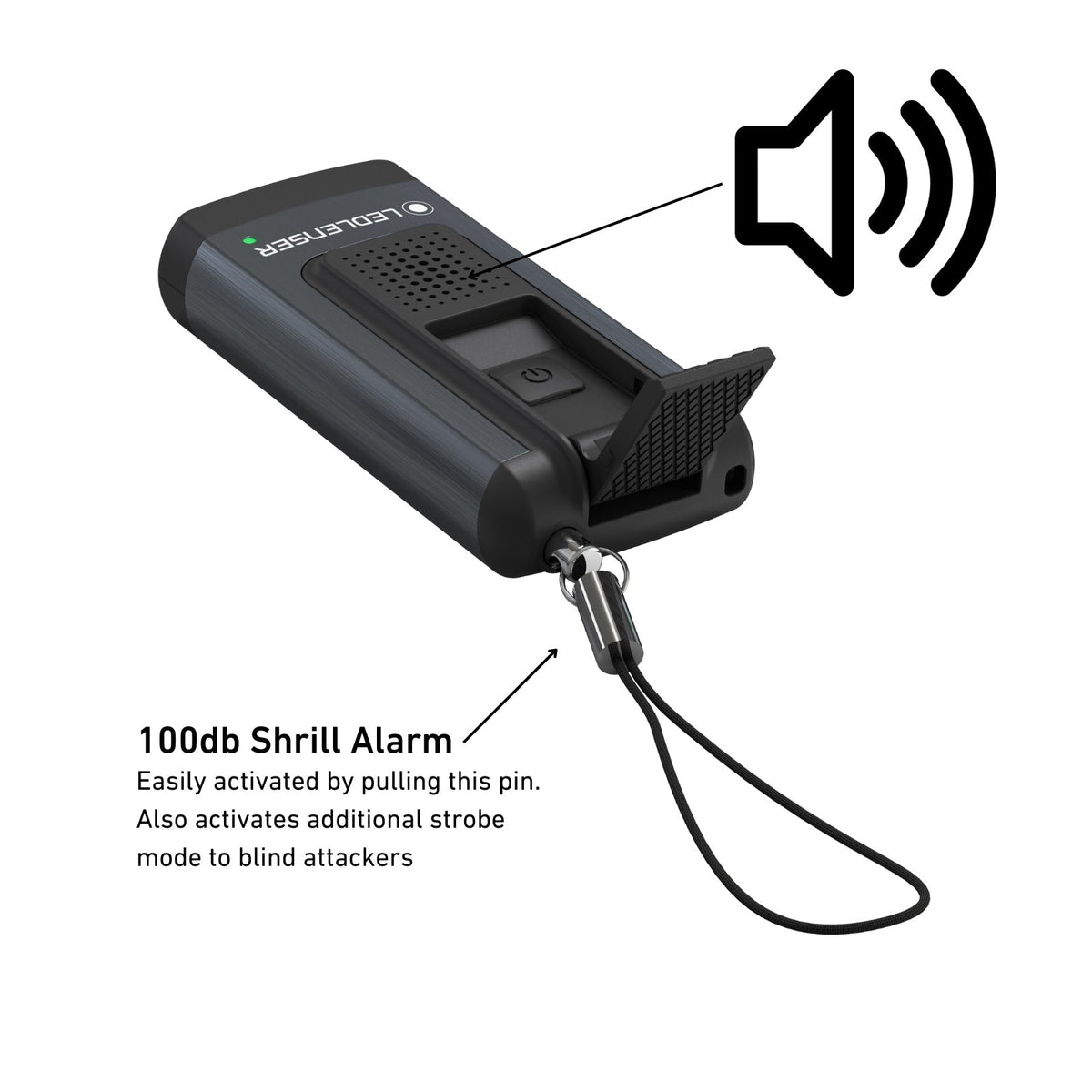 Ledlenser K6R Safety infographic showing the 100dB alarm and pull pin