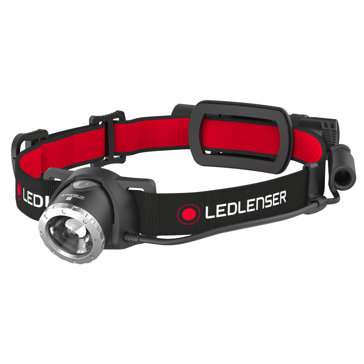 Ledlenser H8R head torch with focusing lamp head, rear battery box and black and red headband