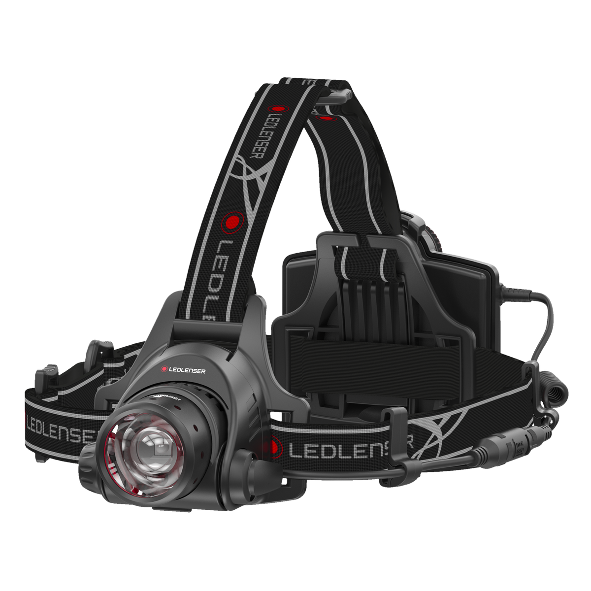 Ledlenser H14R.2 head torch with focusing lamp head, top strap and rear battery box on a grey and black headband