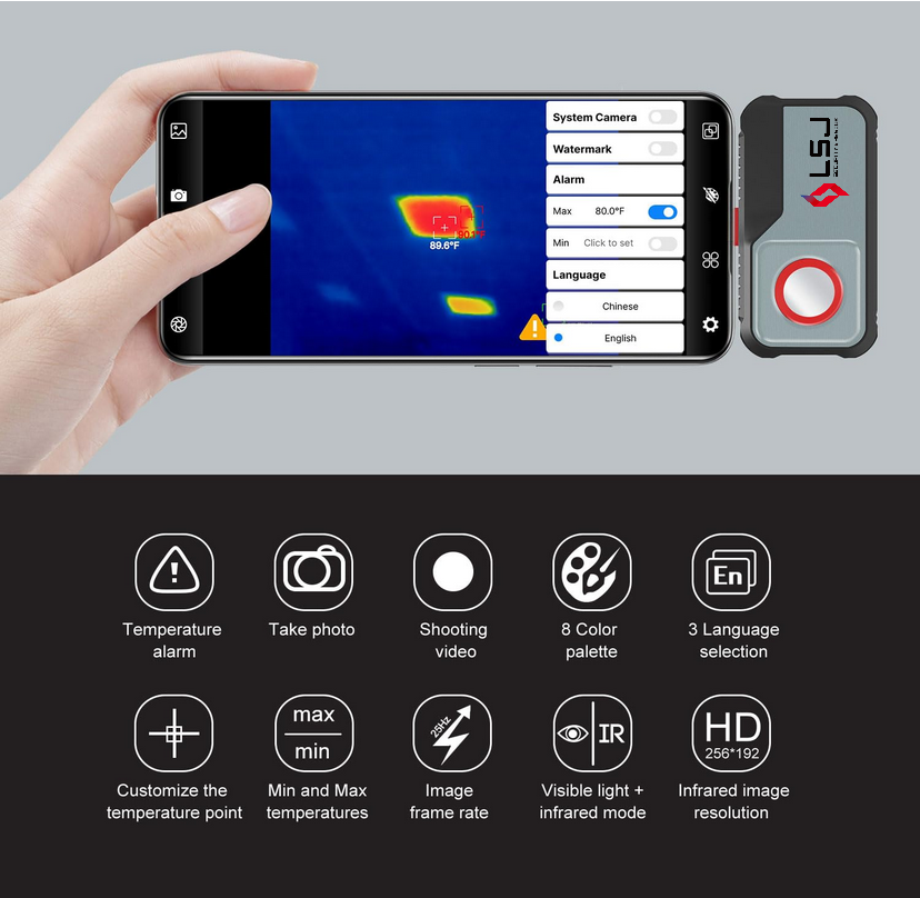 LSJ Mini4 on an Android phone showing the alarm settings and app features