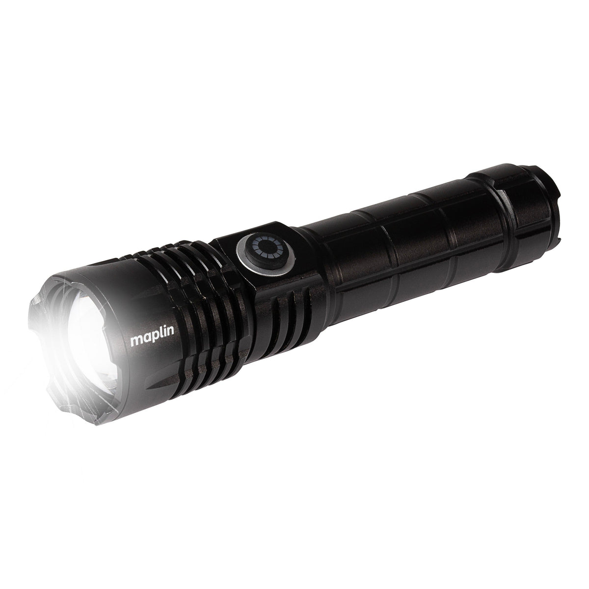 Maplin rechargeable LED torch in black aluminium with the beam switched on