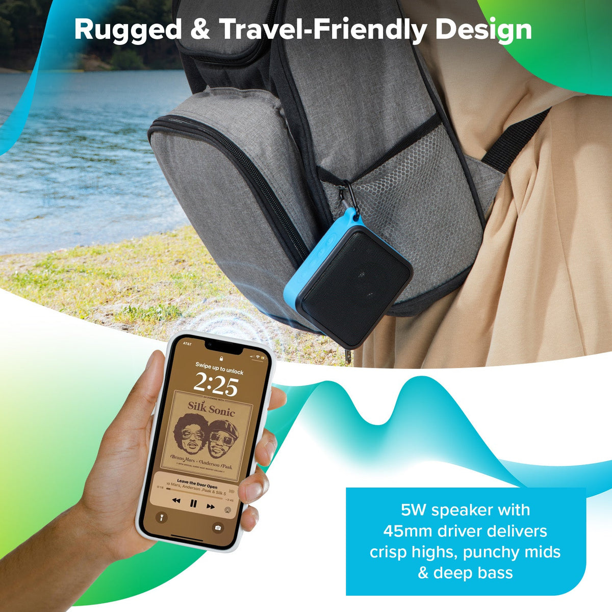 Maplin clip-on speaker hanging from a rucksack by a lake with a phone streaming