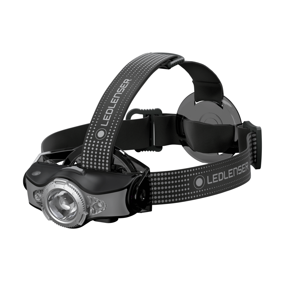 Ledlenser MH11 rechargeable head torch in black and grey with top strap, angled view