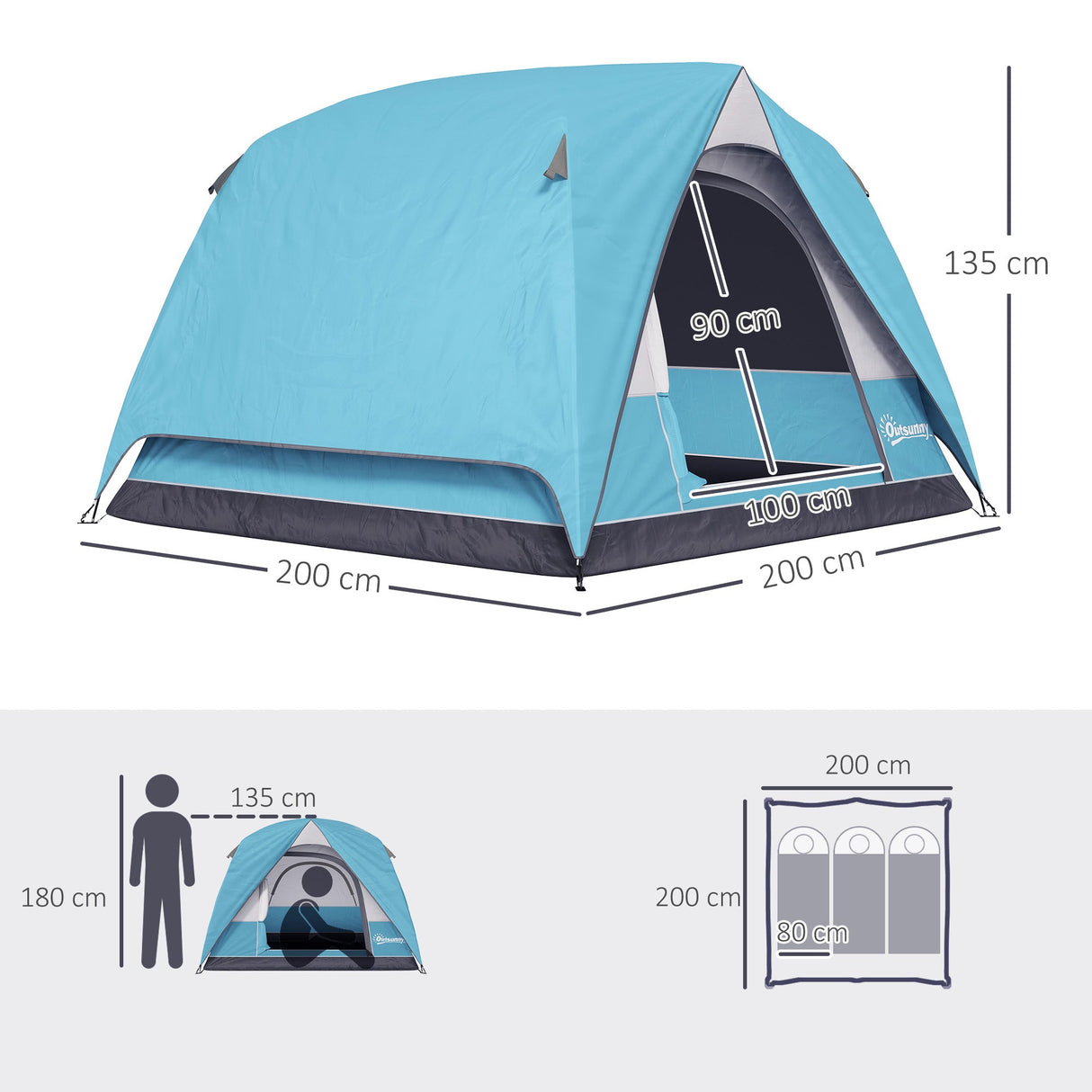 Outsunny 3-4 Person Camping Tent - Navy Blue & Light Blue side profile
