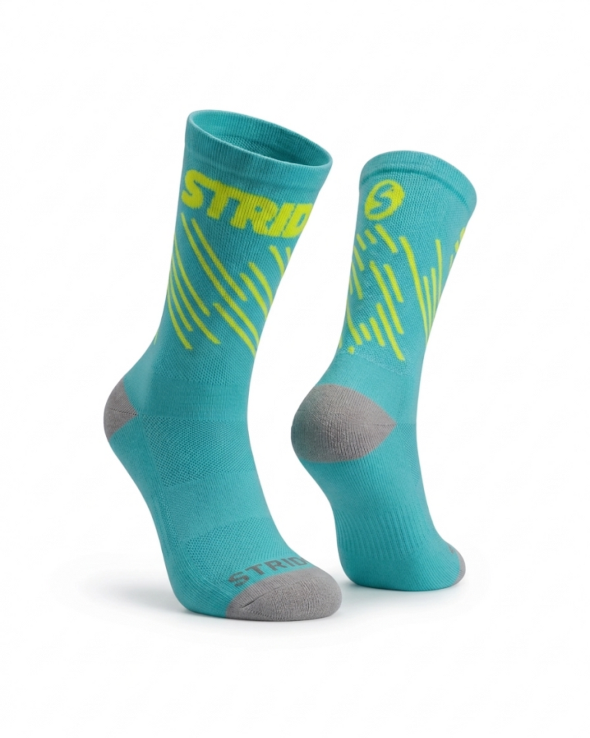 Stride North East Lucid Strike running socks, pair in turquoise with fluorescent yellow logo and grey heel and toe
