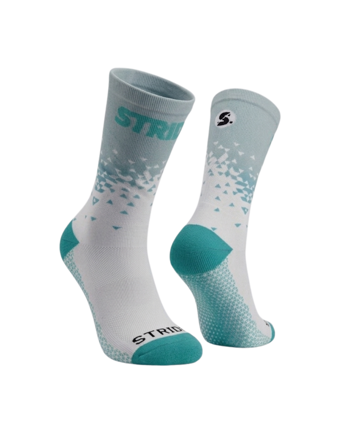 Stride North East Jade Force running socks, pair with teal cuff fading to white and teal heel and toe