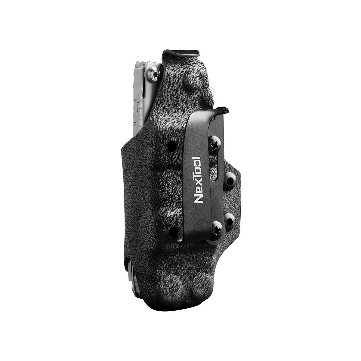 NexTool Flagship Pro in the Kydex sheath, rear view with belt clip