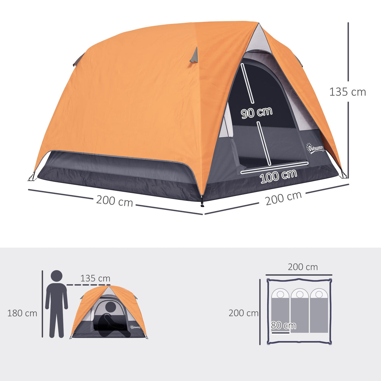 Outsunny 3-4 Person Camping Tent - Orange & Grey side profile
