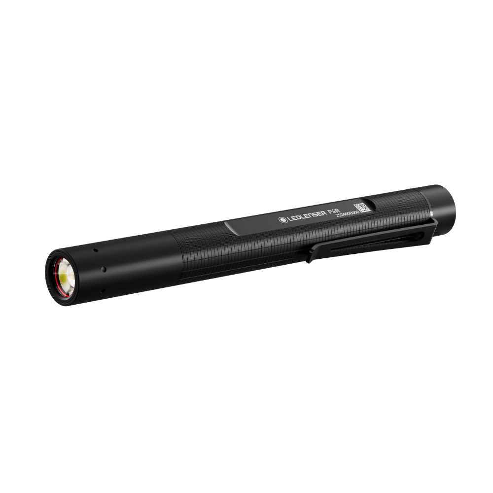 Ledlenser P4R rechargeable pen light with pocket clip, angled view
