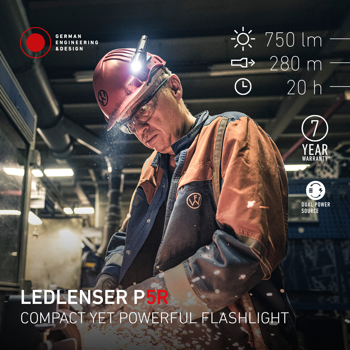 Industrial worker in a hard hat and safety glasses lit by the Ledlenser P5R