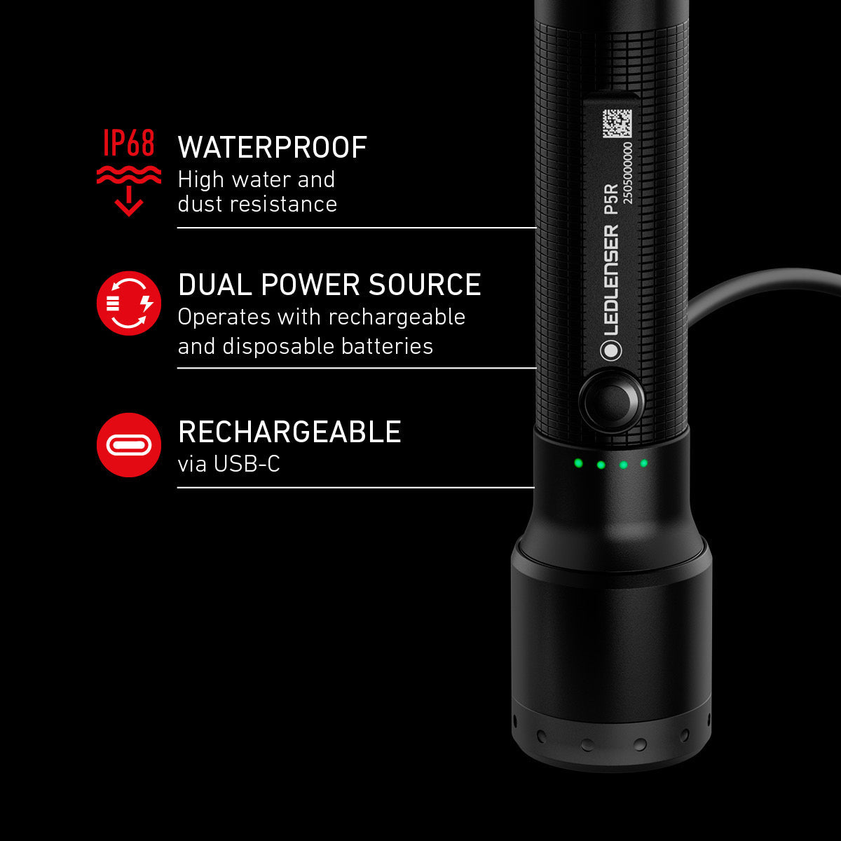 Ledlenser P5R infographic showing IP68, Dual Power and USB-C charging