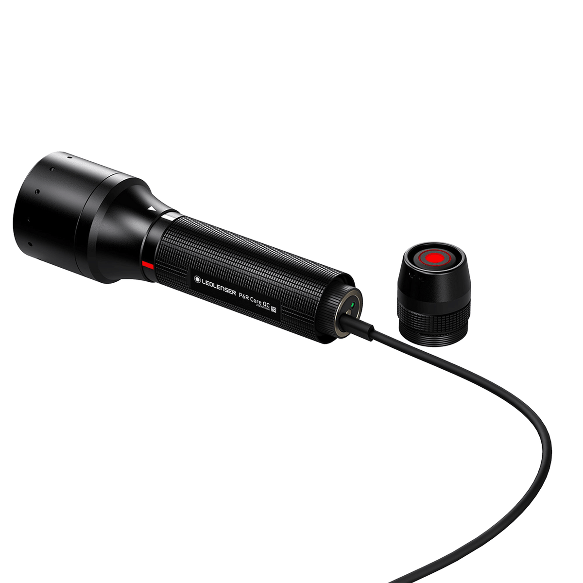 Ledlenser P6R Core QC charging with the cable plugged into the tail