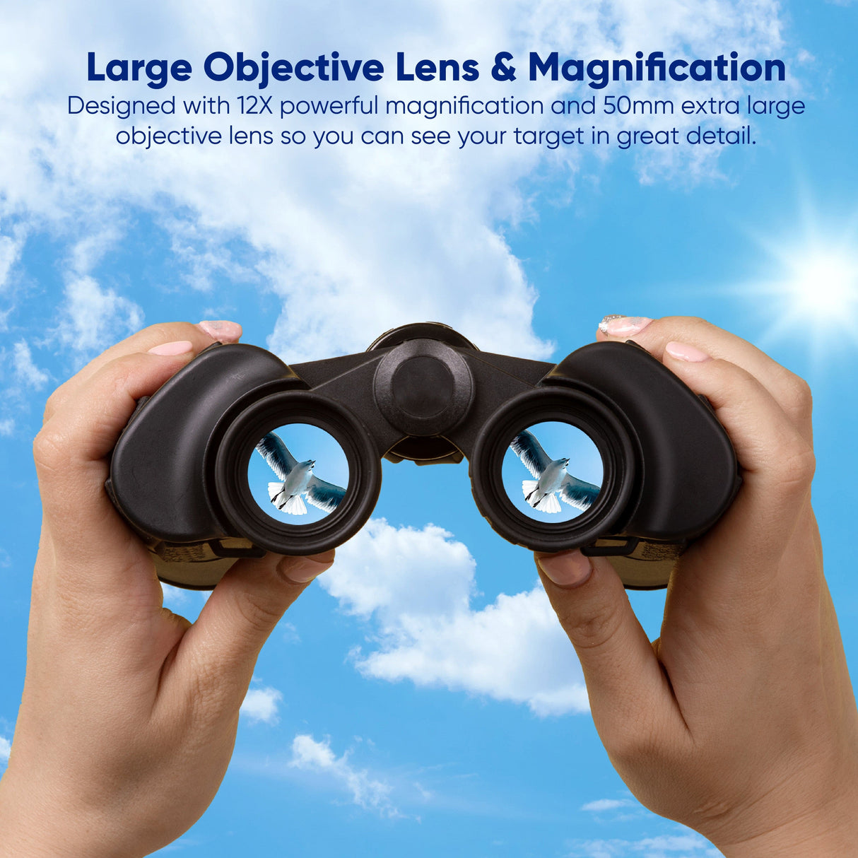 Praktica Falcon 12x50mm Multi Coated Porro Prism Field Binoculars in Black with large objective lens and powerful magnification held by hands against a blue sky.