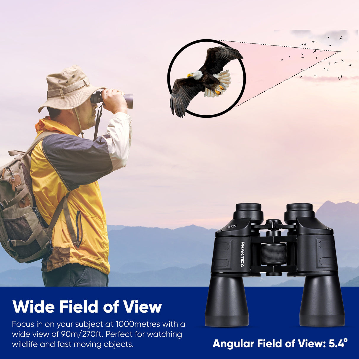 Person using Praktica Falcon 12x50mm Multi Coated Porro Prism Field Binoculars to observe an eagle with text about wide field of view.
