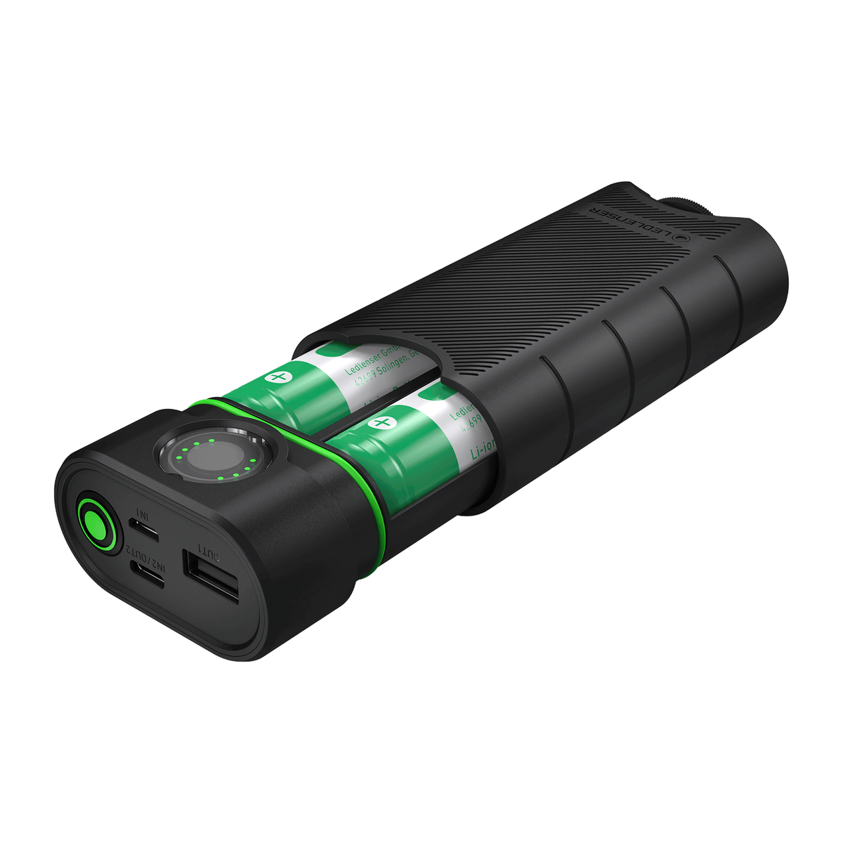 Ledlenser FLEX10 with its battery sled slid out, showing the two green 21700 cells side by side