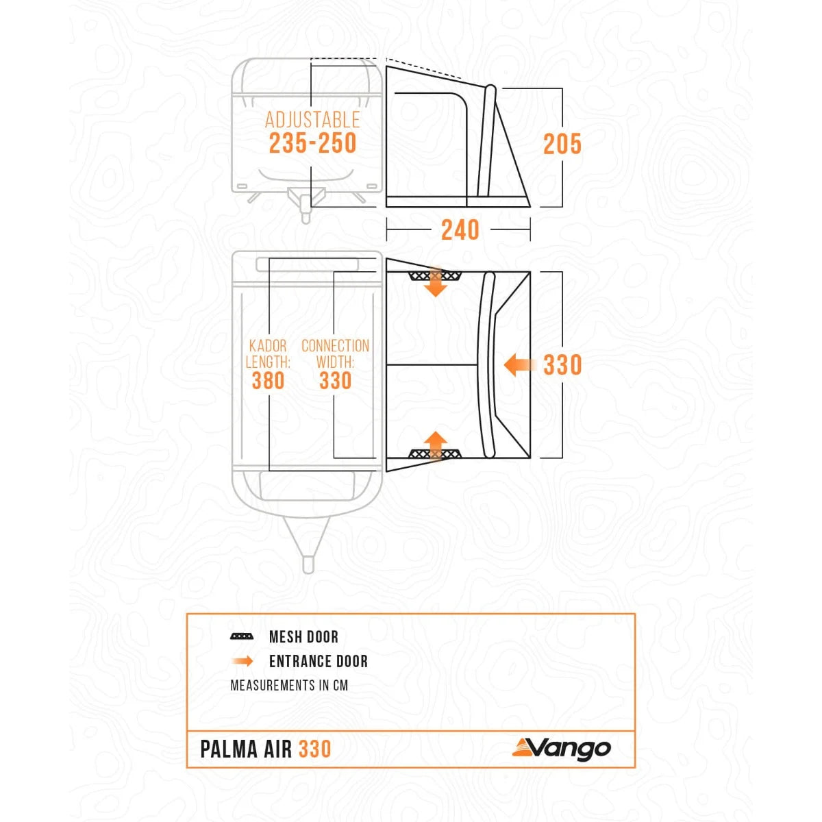 Vango Palma Air 330 floorplan, 235-250cm attachment height, measurements in cm