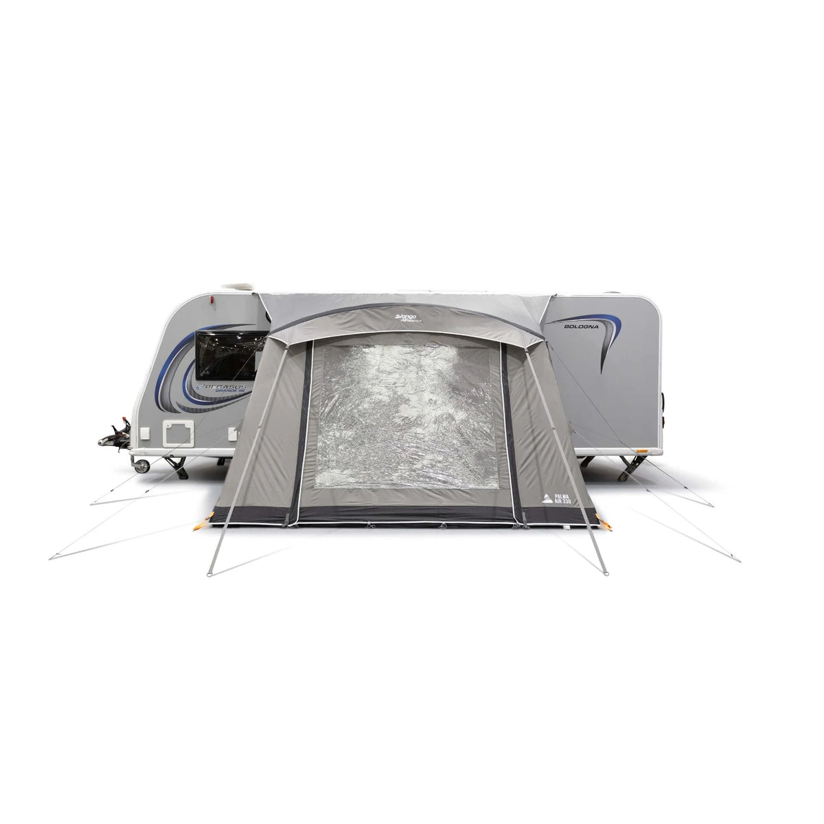 Front view of the Vango Palma Air 330 with its large Diamond Clear window