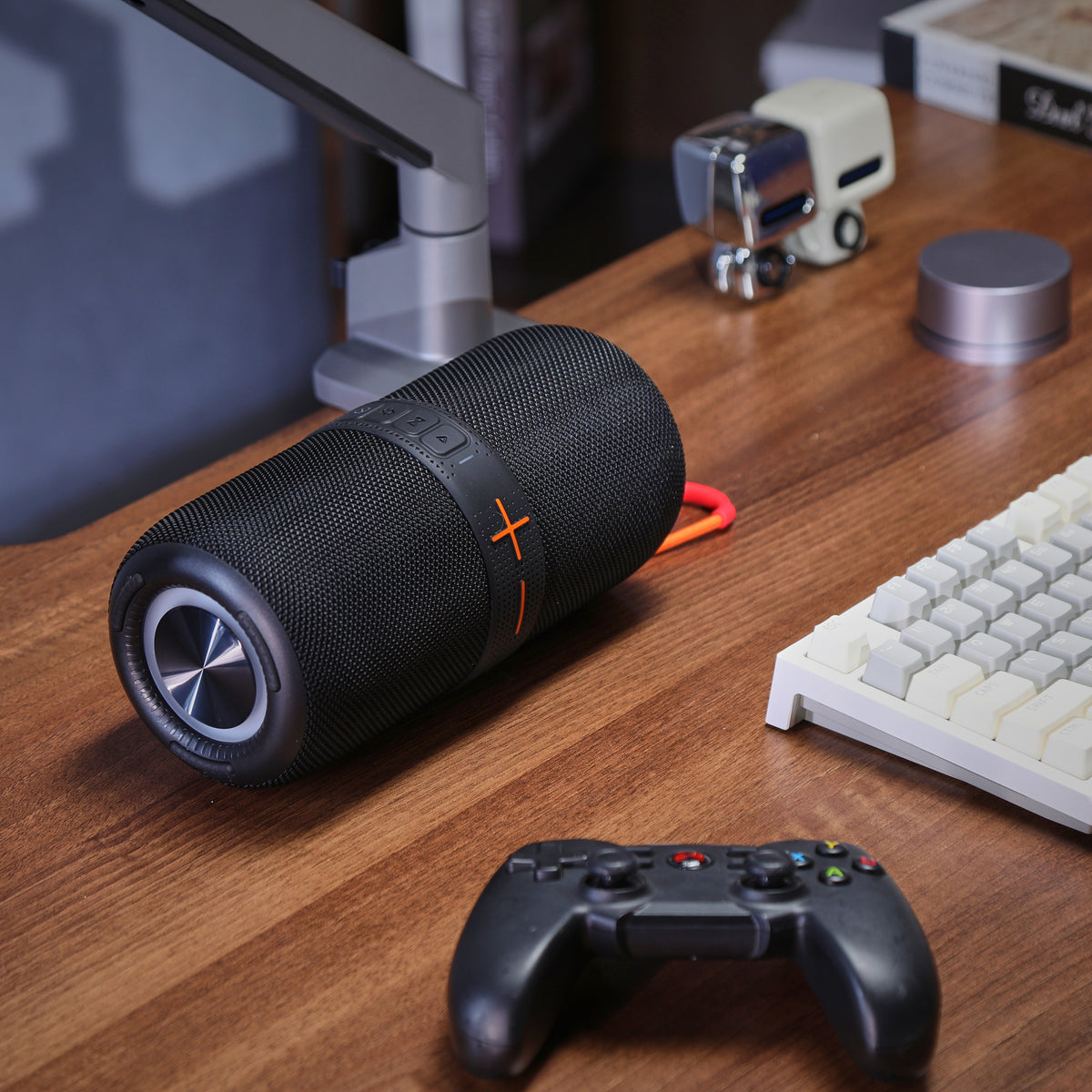Maplin Bluetooth party speaker on a desk beside a keyboard and games controller