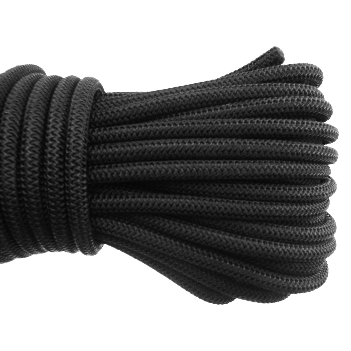Close-up of the coiled black bungee rope from the Green M-Grade Tarpaulin with 10m of 6mm Bungee Rope and 10 x Screw Type Tarp Clips
