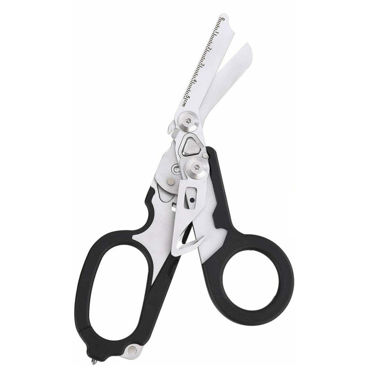 Folding Multi Shears open, black handles, stainless shears with 5 cm ruler