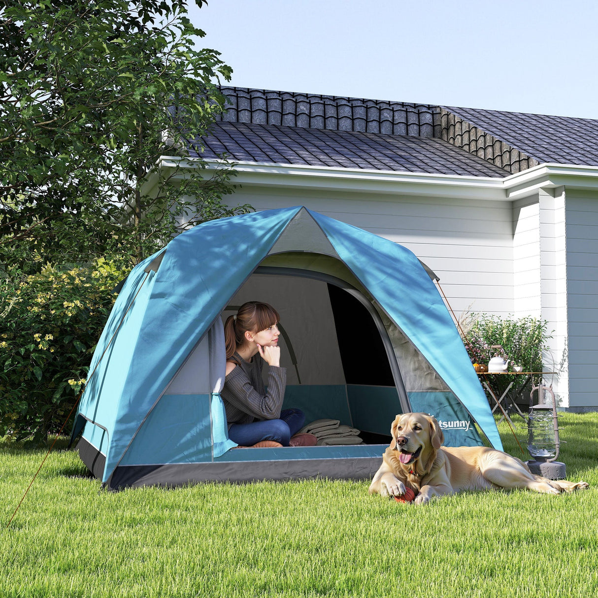 Outsunny 3-4 Person Camping Tent - Navy Blue & Light Blue alternate front angle