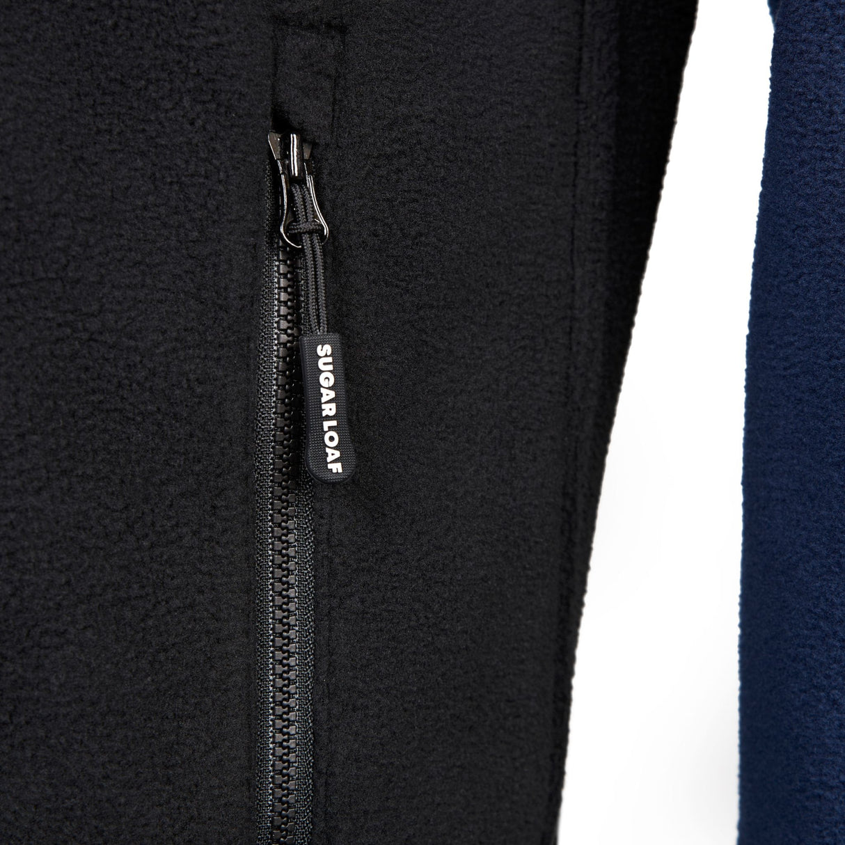 Sugar Loaf Dawnbreaker Polar Fleece Hoodie in Navy Blue close up of zip pocket