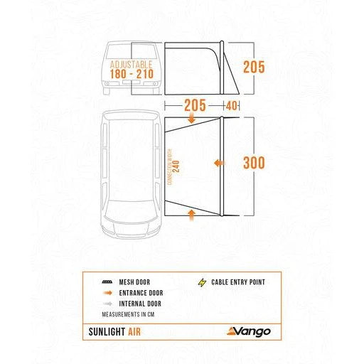 Vango Sunlight Air floorplan, 180-210cm attachment height, measurements in cm