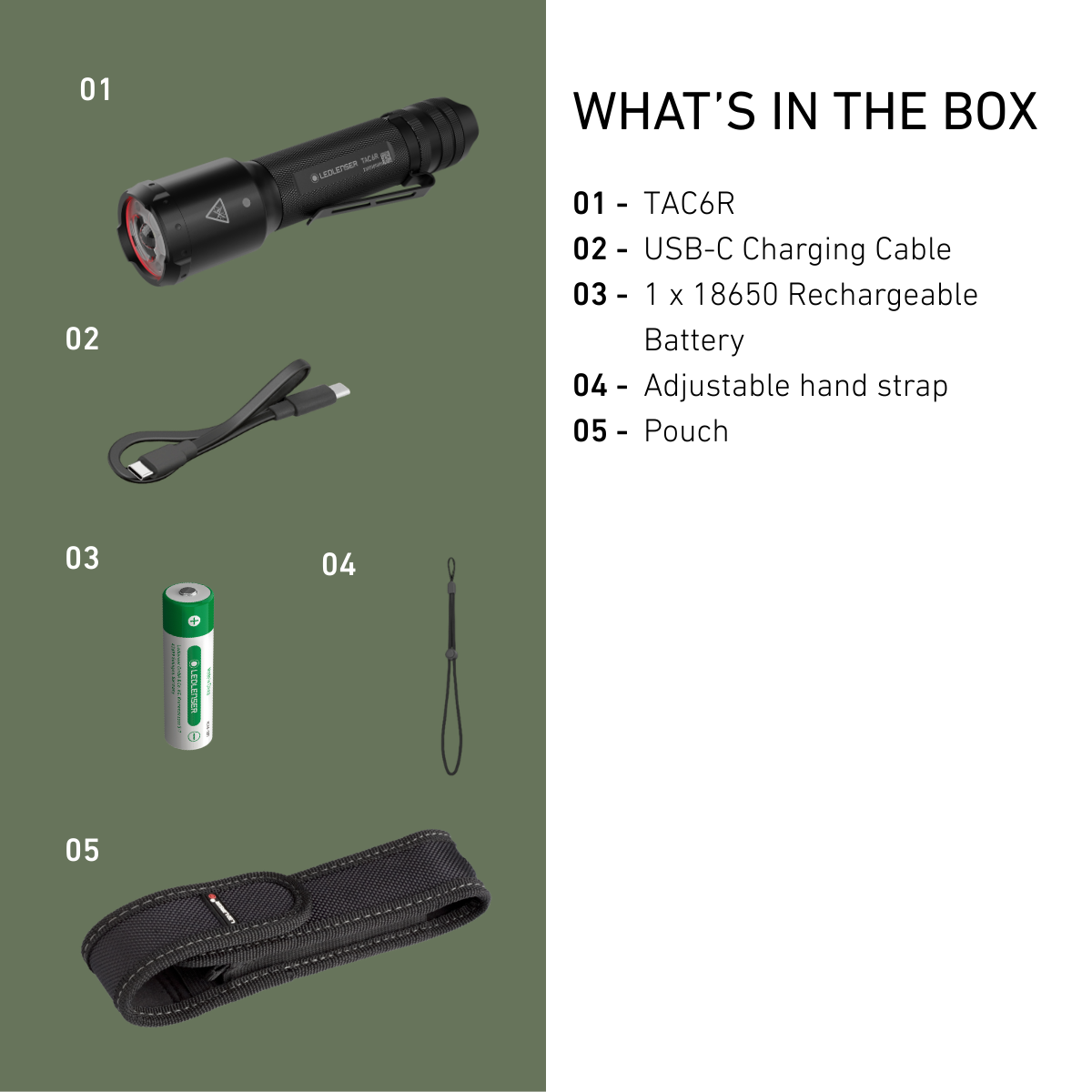 Ledlenser TAC6R box contents: torch, USB-C charging cable, 18650 rechargeable battery, hand strap and pouch