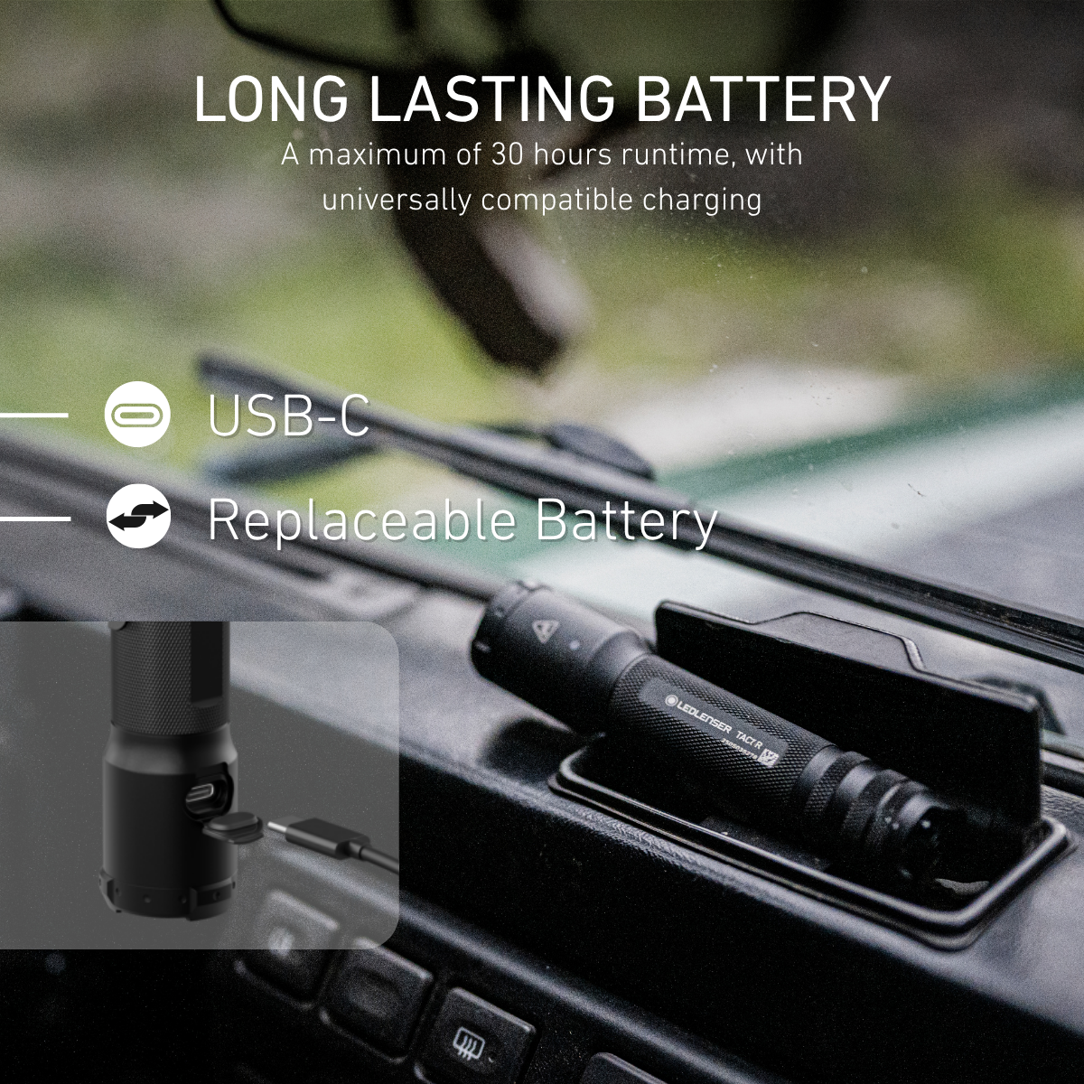 Ledlenser TAC torch on a vehicle dashboard, with inset showing the covered USB-C charging port