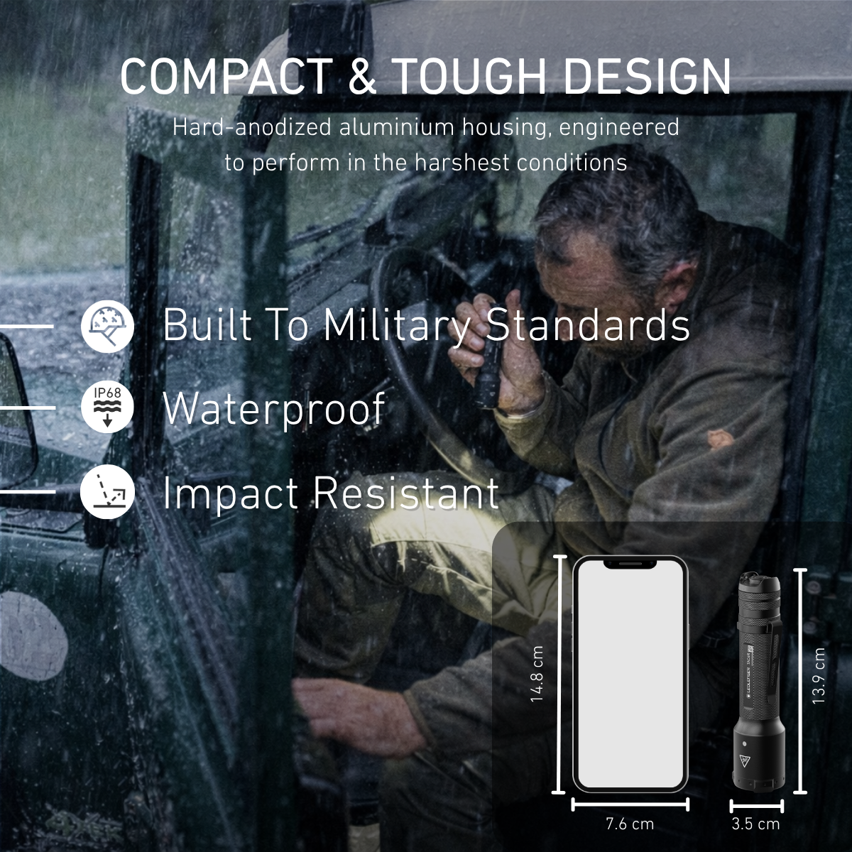 Man using a Ledlenser TAC torch inside a vehicle in heavy rain, with a size comparison showing the 13.9cm torch next to a phone