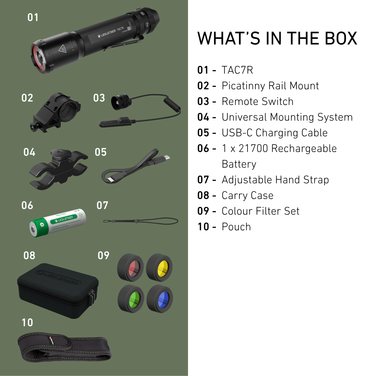 Ledlenser TAC7R Tactical Outdoor Set contents: torch, rail mount, remote switch, universal mount, filters, case, pouch, strap, battery and cable