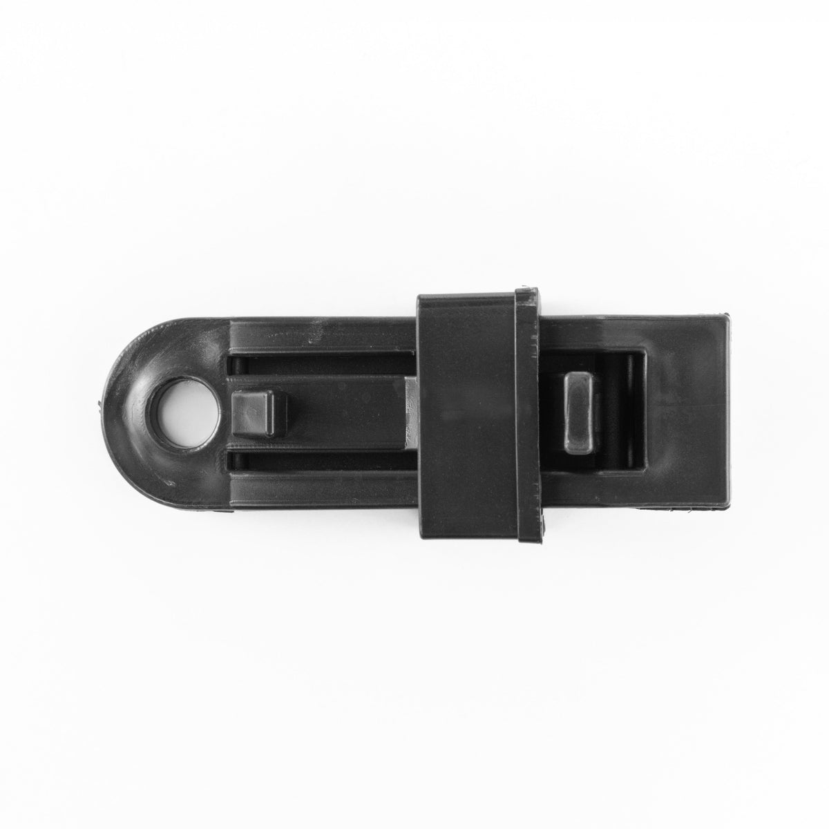 Slide-type tarp clip from the Green/Brown L-Grade Tarpaulin with 10m of 6mm Bungee Rope and 10 x Slide Type Tarp Clips, seen from above