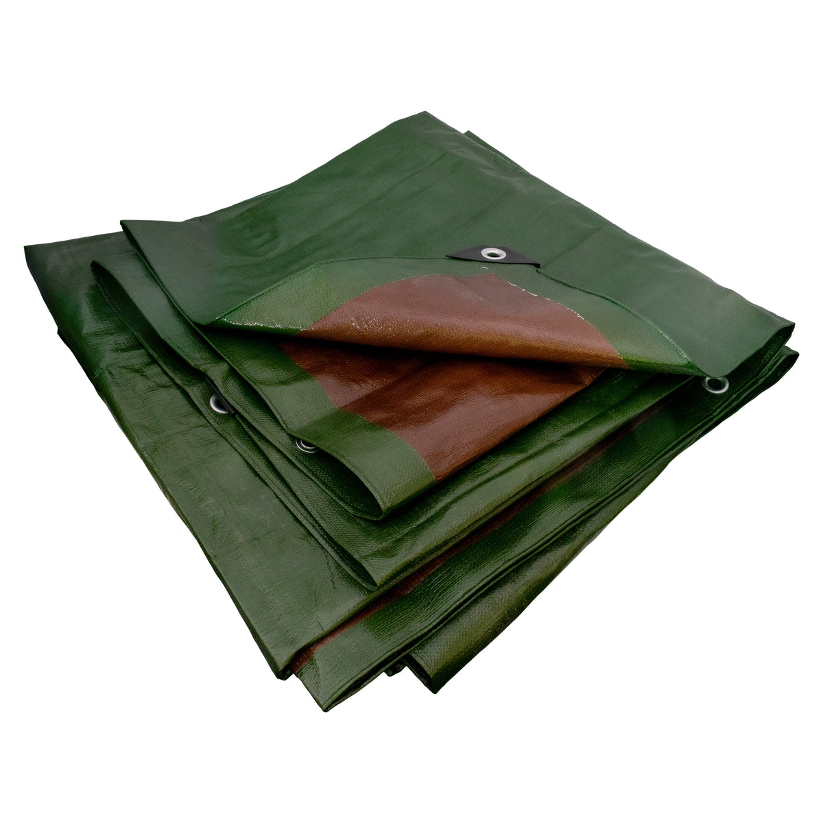 Green/Brown L-Grade Tarpaulin 2m x 2m folded into a bundle with the brown side showing in the folds