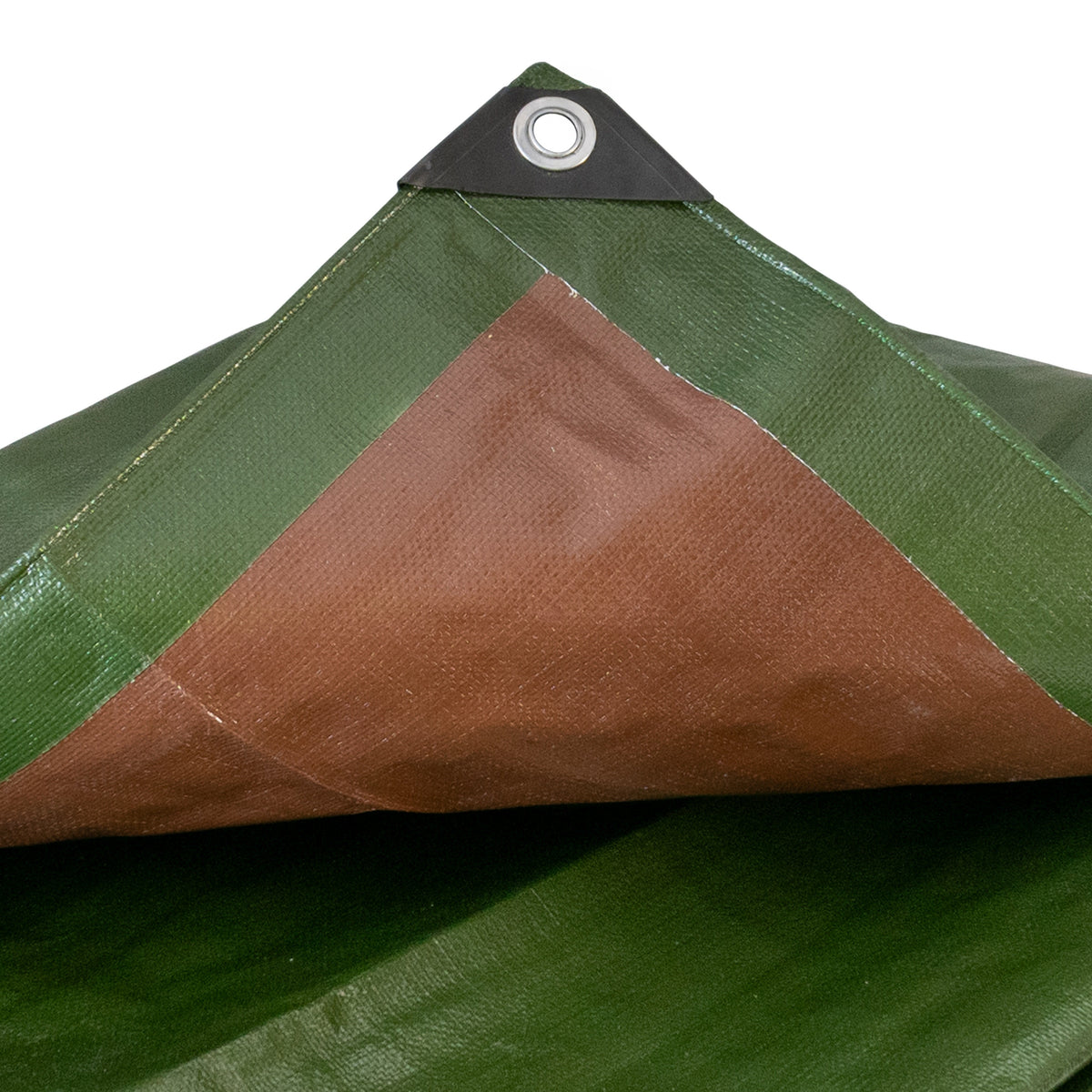 Close-up of a black reinforced corner and eyelet on the Green/Brown L-Grade Tarpaulin 4m x 5m