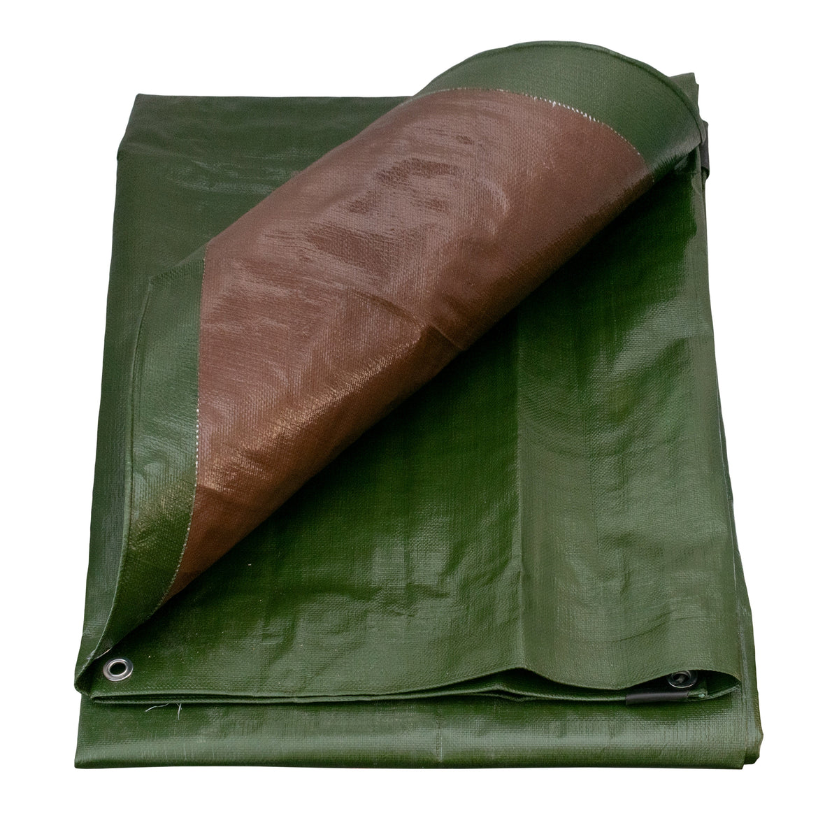 Green/Brown L-Grade Tarpaulin with 20 x 6" Bungee Balls (White) with one corner lifted to show the brown side