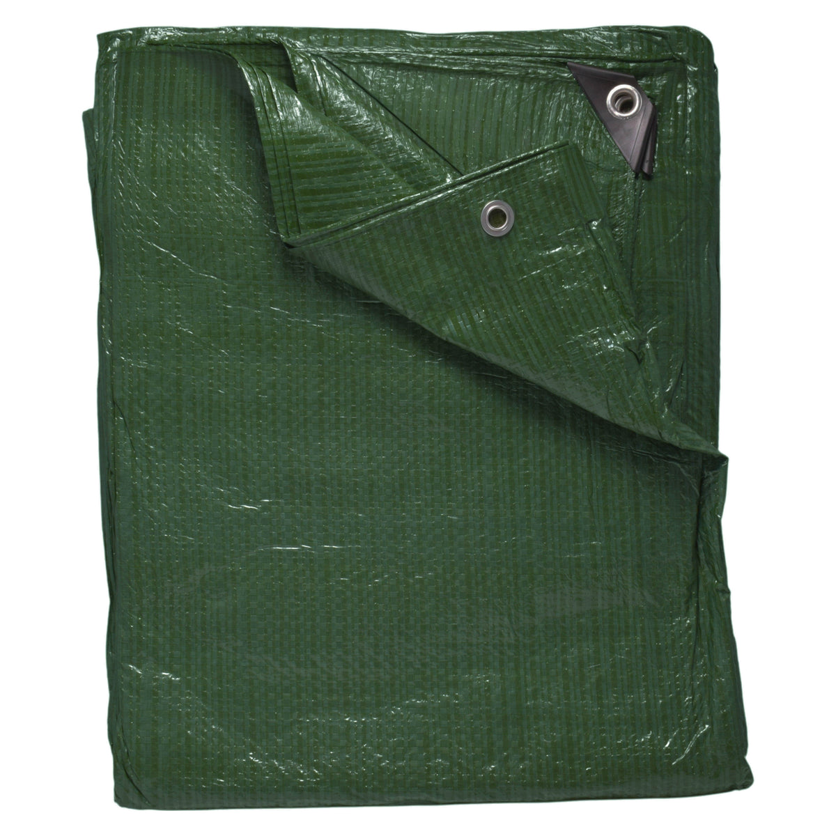 Close-up of an aluminium eyelet set in the woven fabric of the Green S-Grade Tarpaulin 4m x 6m