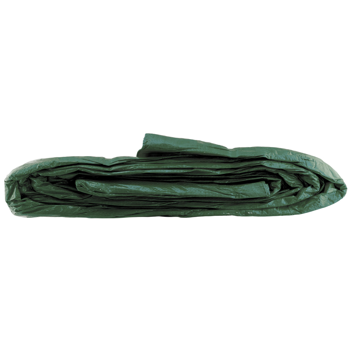Green S-Grade Tarpaulin with 20 x 6" Bungee Balls (White) folded into a flat bundle, side view