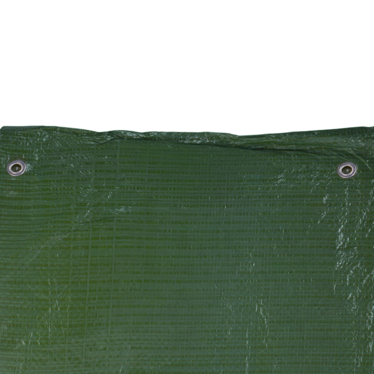 Green S-Grade Tarpaulin 4m x 5m folded into a bundle, seen from a low angle