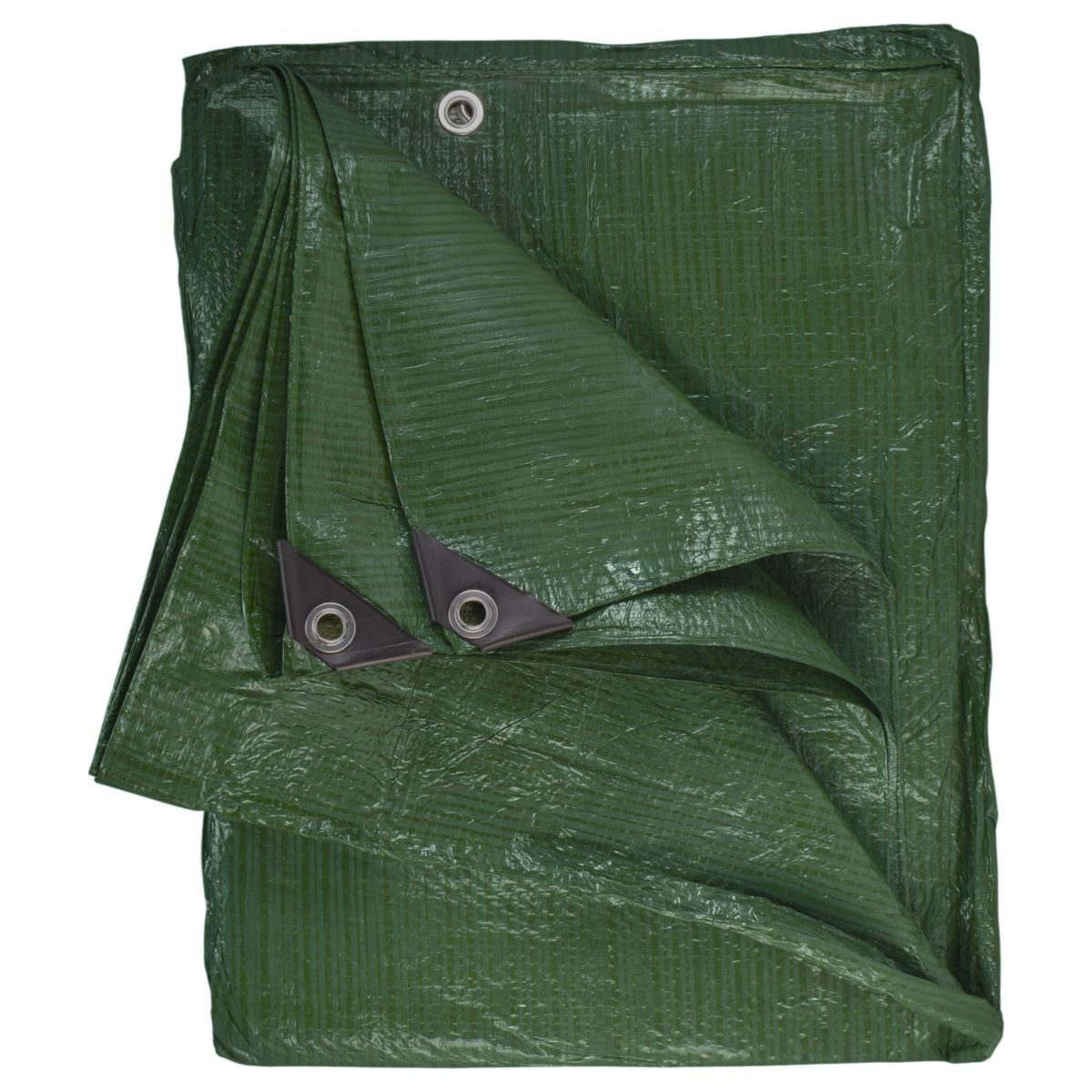Green S-Grade Tarpaulin 6m x 8m folded with two black reinforced corner patches and eyelets showing
