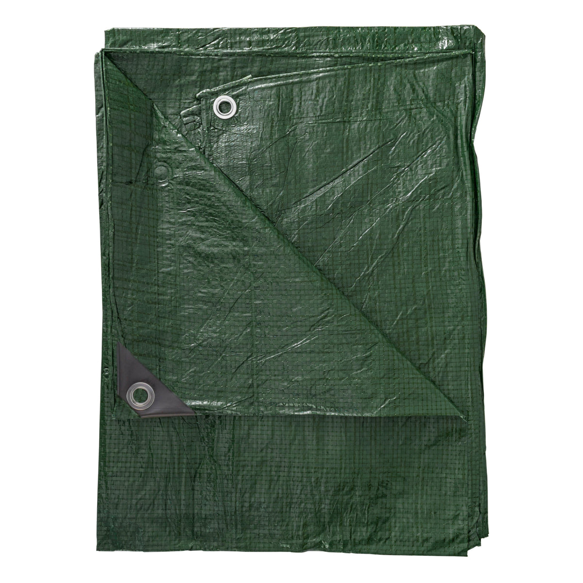Green S-Grade Tarpaulin 6m x 8m folded flat with a black reinforced corner and eyelet showing