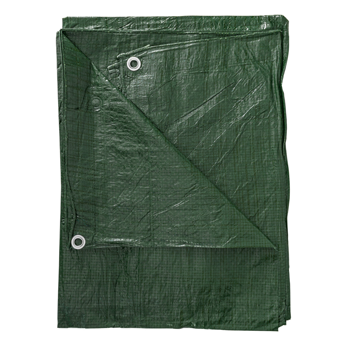 Green S-Grade Tarpaulin 1.5m x 4m folded with one corner turned back to show the aluminium eyelets