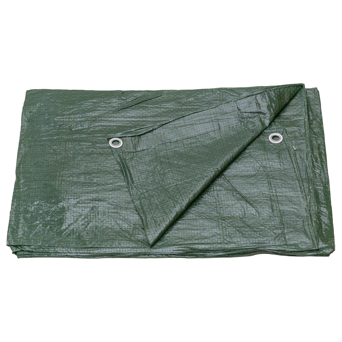 Green S-Grade Tarpaulin 5m x 8m folded on a white background showing two eyelets along the edge