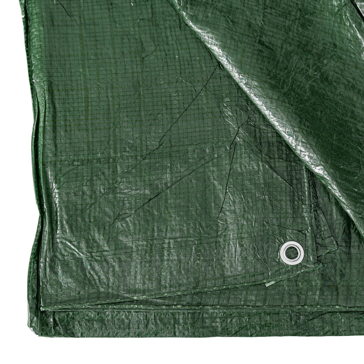 Close-up of the woven green fabric and an eyelet on the Green S-Grade Tarpaulin with 10m of 6mm Bungee Rope and 10 x Screw Type Tarp Clips