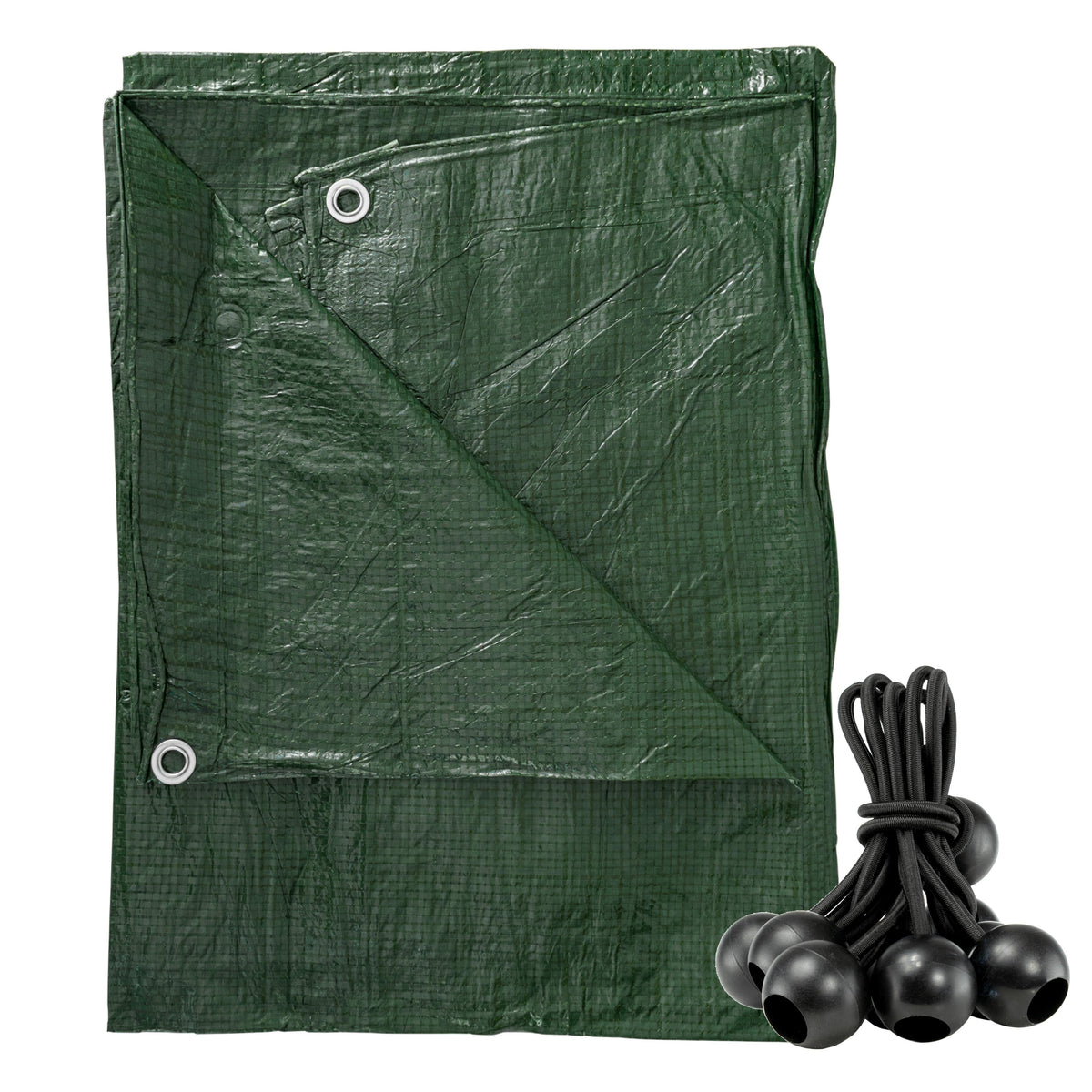 Green S-Grade Tarpaulin with 10 x 4" Bungee Balls (Black) folded with a bundle of black bungee balls