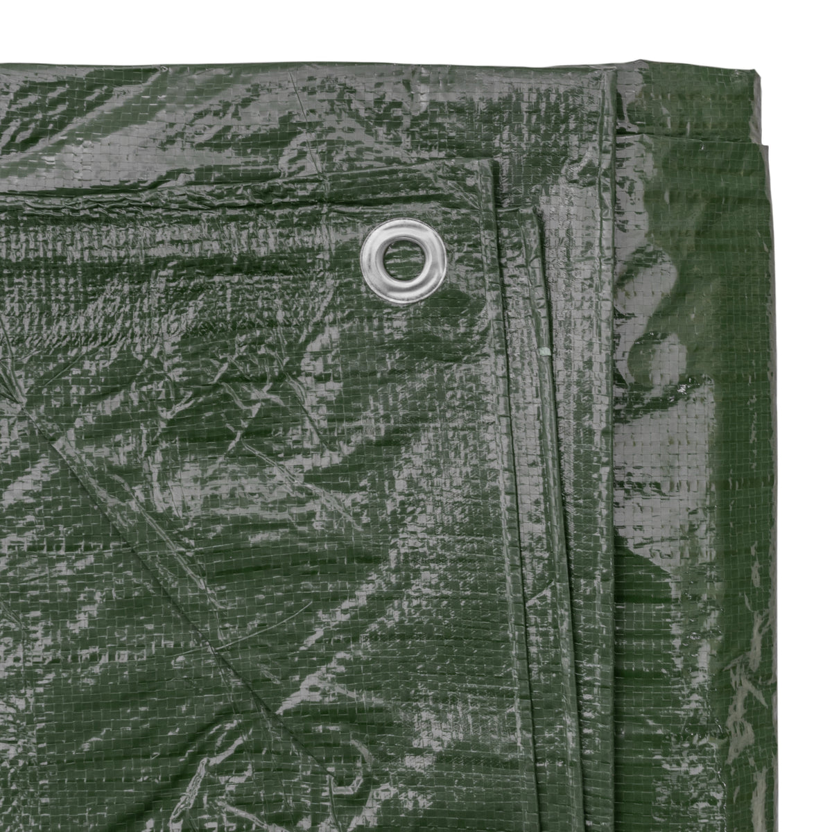 Two aluminium eyelets along the hemmed edge of the Green M-Grade Tarpaulin 1.5m x 2m