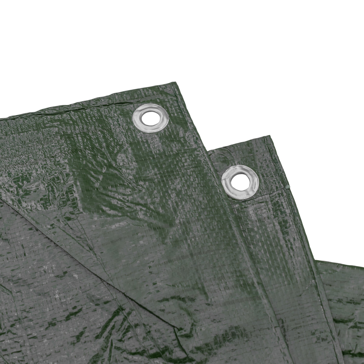 Two aluminium eyelets along the hemmed edge of the Green M-Grade Tarpaulin with 10m of 6mm Bungee Rope and 10 x Slide Type Tarp Clips