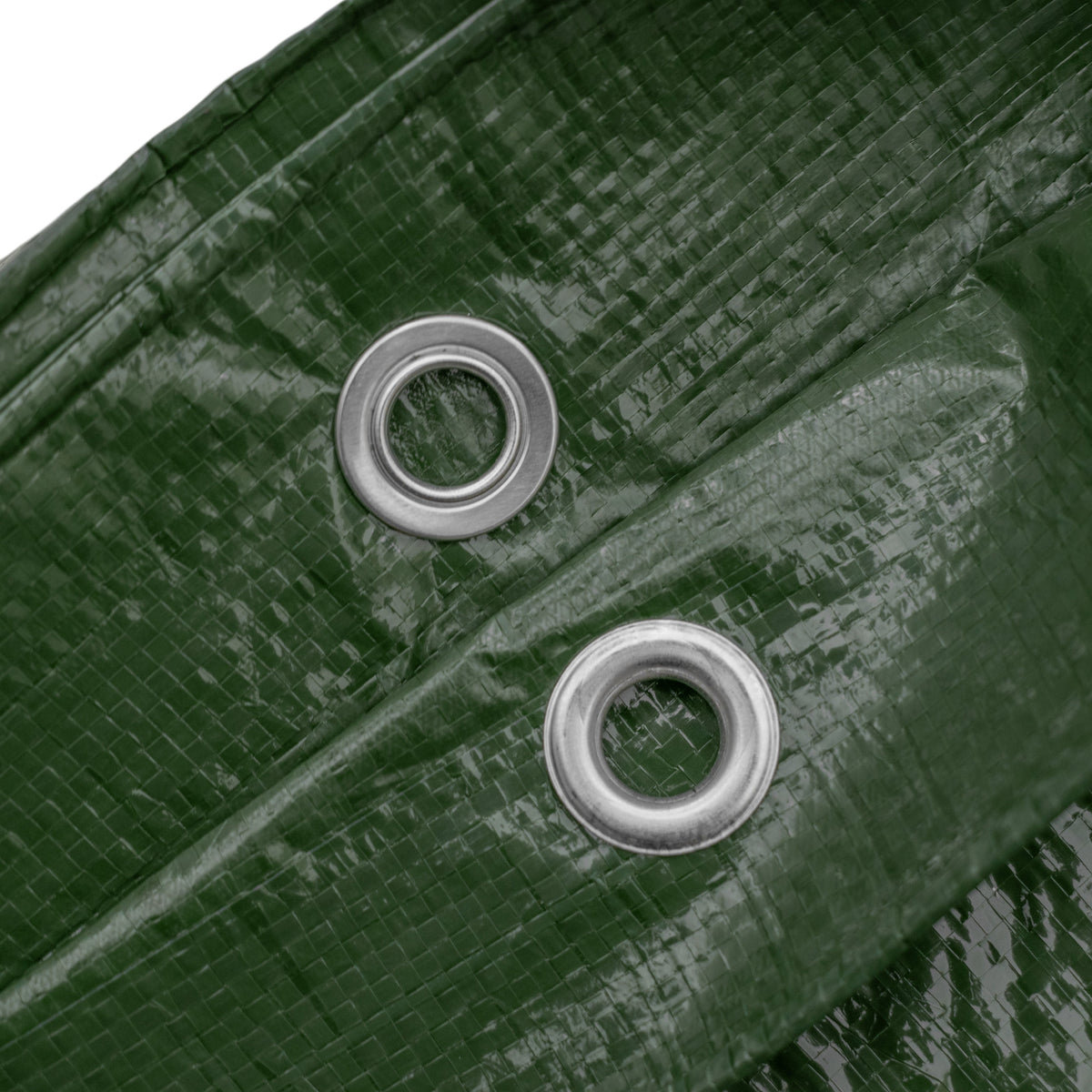 Close-up of two aluminium eyelets in the Green M-Grade Tarpaulin with 10m of 6mm Bungee Rope and 10 x Slide Type Tarp Clips
