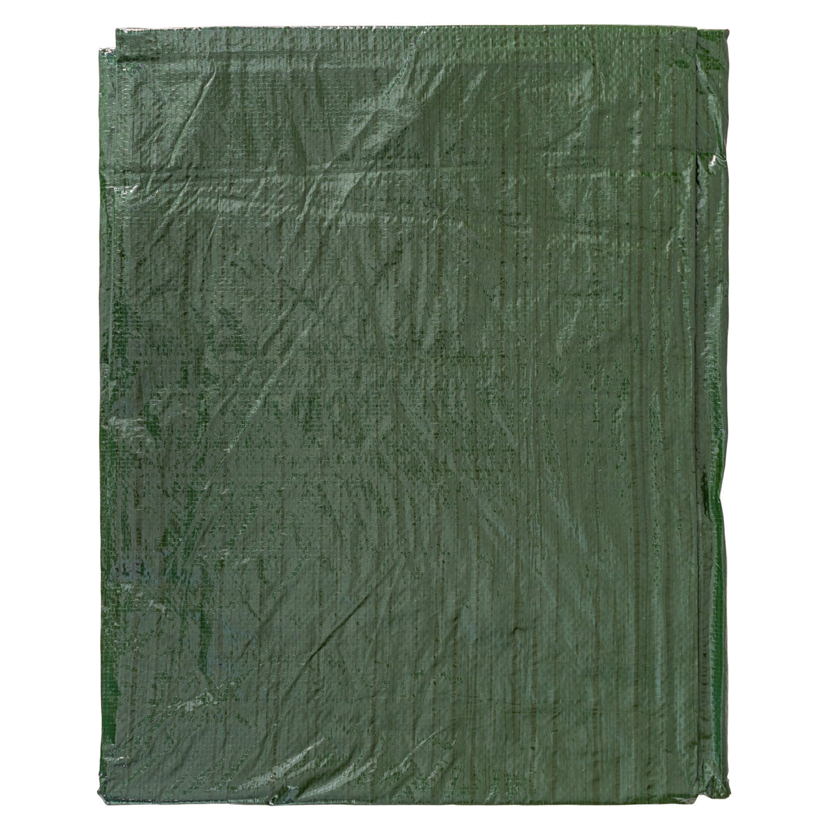 Green M-Grade Tarpaulin with 10m of 6mm Bungee Rope and 10 x Screw Type Tarp Clips folded flat, front view