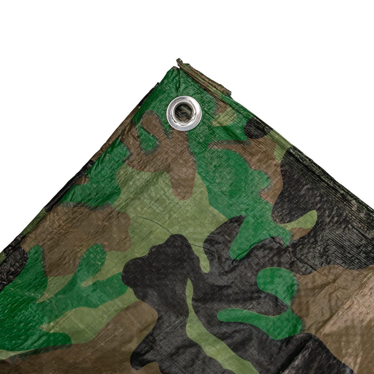 Corner of the Camouflage M-Grade Tarpaulin 1.5m x 3m with an aluminium eyelet