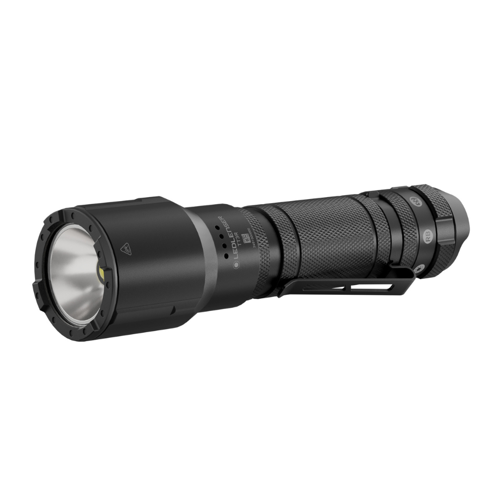 Ledlenser TT3R black tactical torch with crenellated bezel, pocket clip and Mode Select Ring